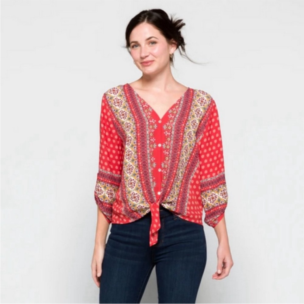 West Kei Talina Roll-Tab Sleeve V-Neck Blouse